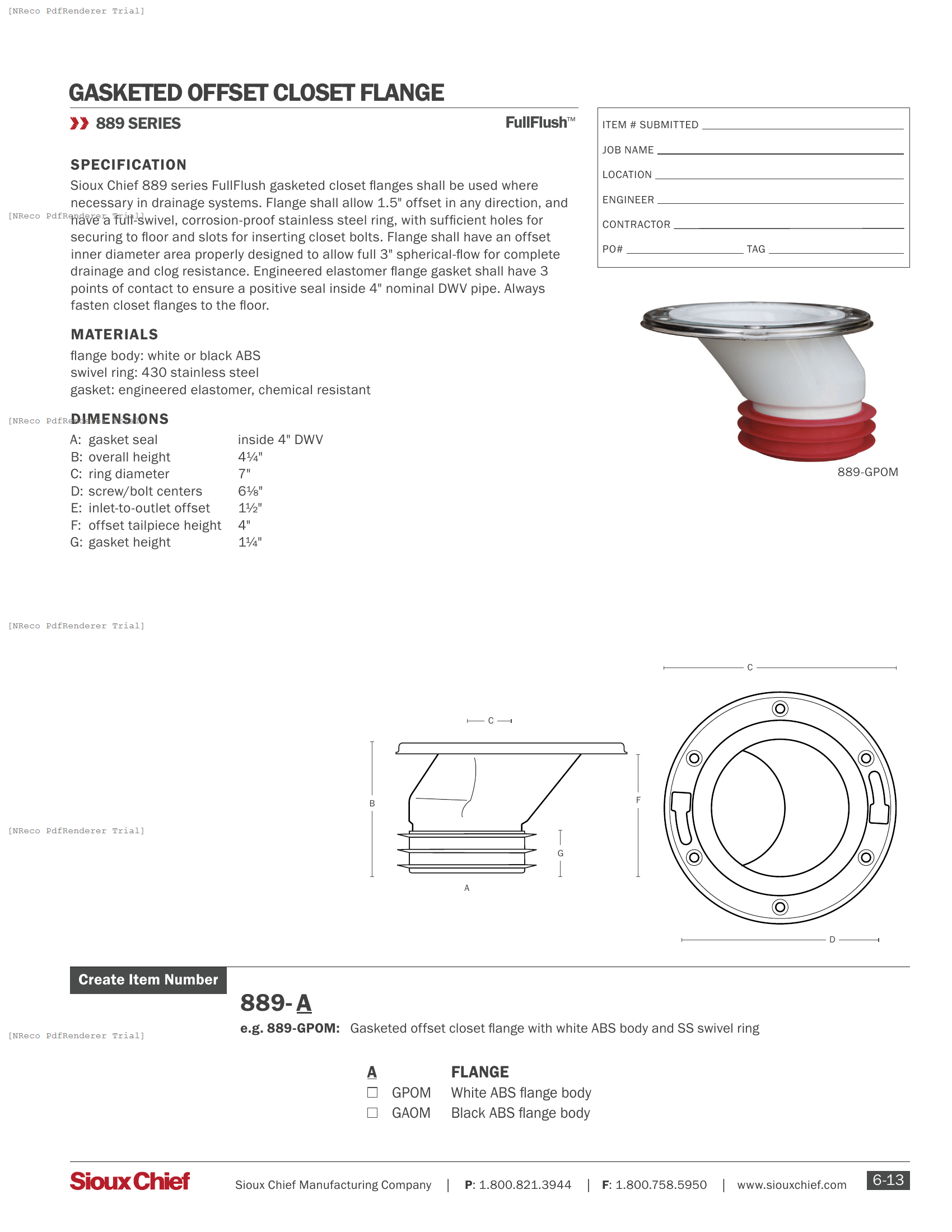 889-G SERIES - PUSHTITE OFFSET CLOSET FLANGE - SPEC SHEET.PDF Specification Document